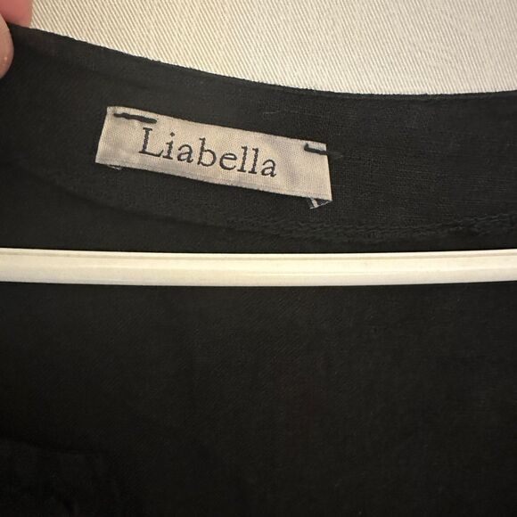 Liabella Black Linen Lace Back Pearl Button 3/4 Sleeve Flowy Lagenlook Blouse L - Picture 6 of 6